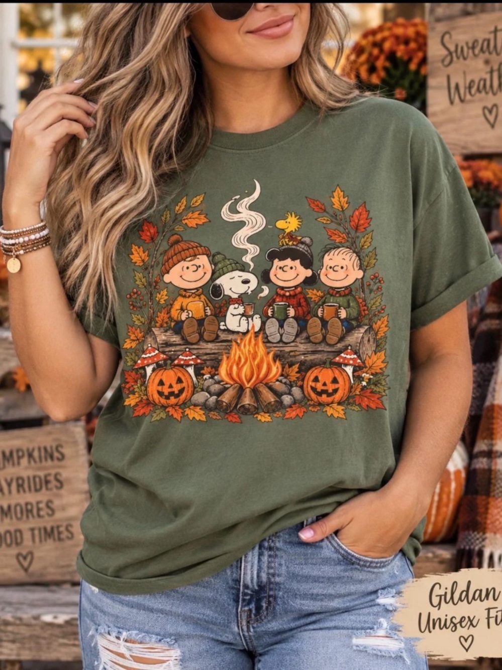 Military Green Peanuts Fall Campfire Graphic Tee
